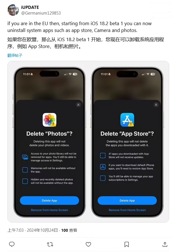 招远苹果手机维修分享iOS 18.2 支持删除 App Store 应用商店 