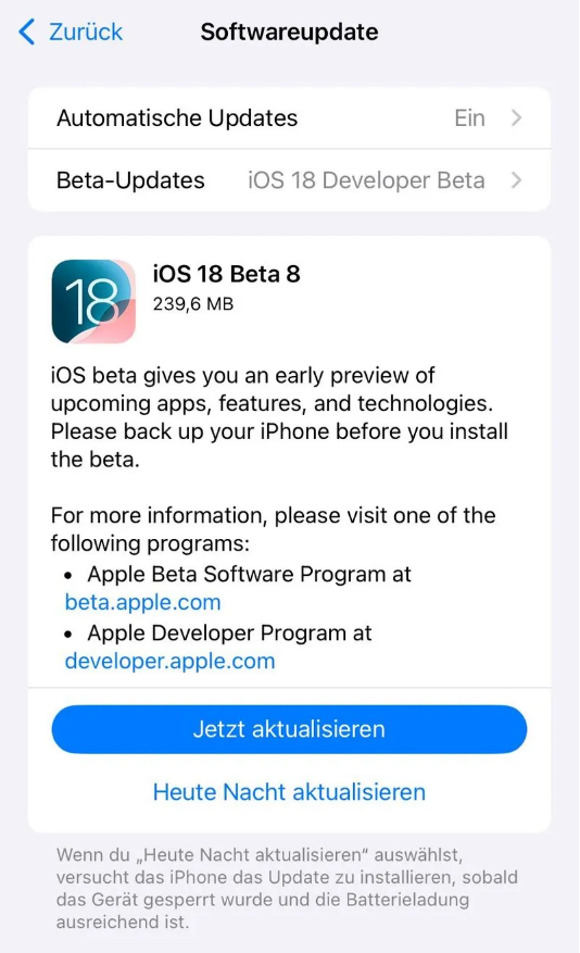 招远苹果手机维修分享苹果 iOS / iPadOS 18 开发者预览版 Beta 8 发布 